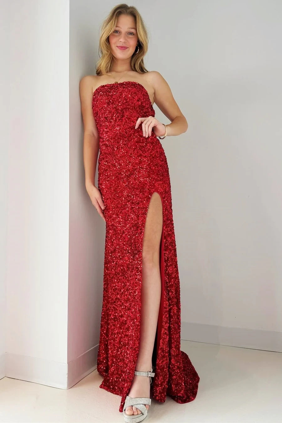 Strapless Sleeveless Mermaid Sequins Formal Party Prom Dress With Slit
