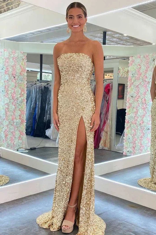 Strapless Sleeveless Mermaid Sequins Formal Party Prom Dress With Slit