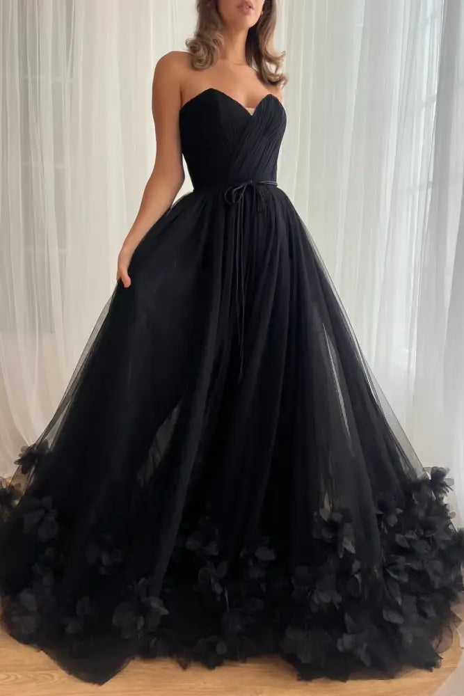 Strapless Tulle A-Line Empire 3D Florals Prom Dress