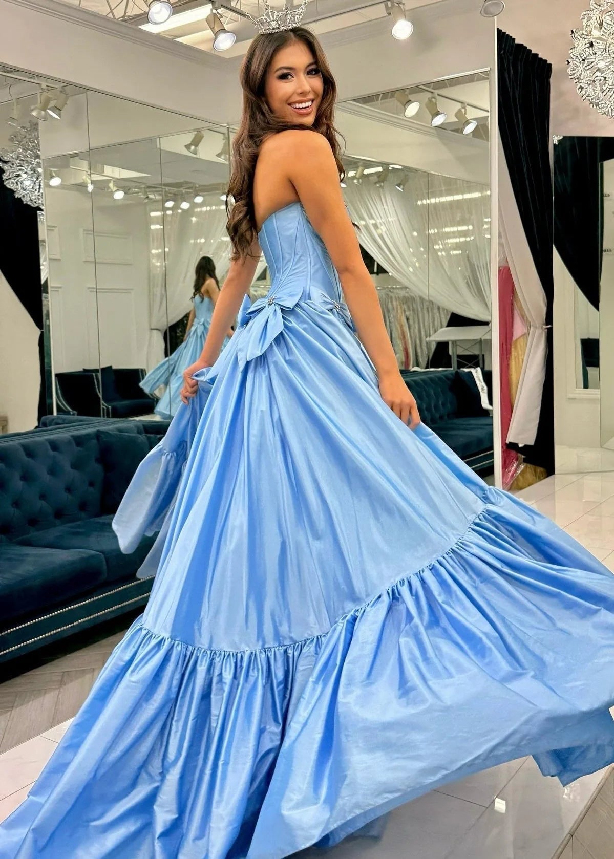 Strapless Empire Satin A-Line With Bowknots Long Party Prom Dress