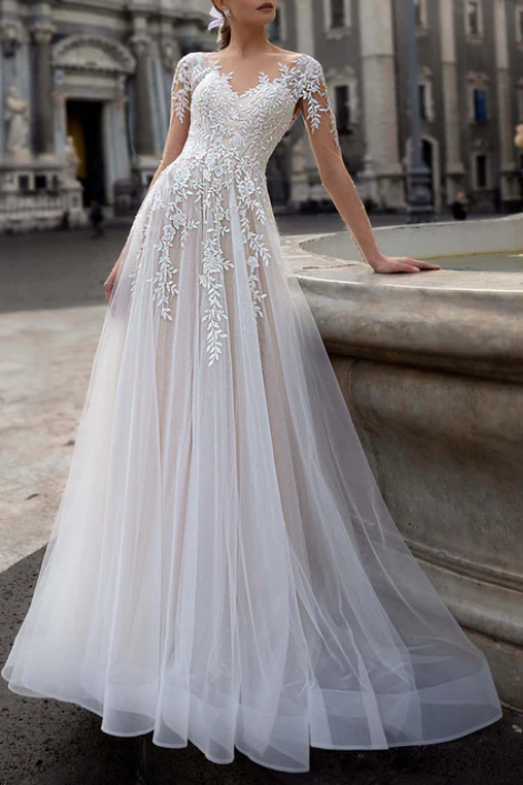 Sweetheart Long Sleeves A-Line Appliques Wedding Dress