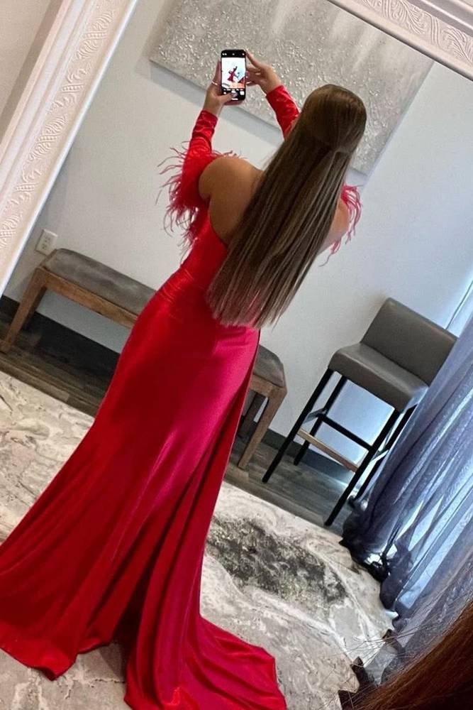 Sweetheart Long Sleeves Ruched Party Prom Dress With High Slit
