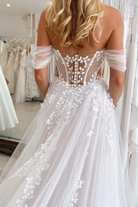 Sweetheart Off-Shoulder Tulle A-Line Sheer Beach Wedding Dress