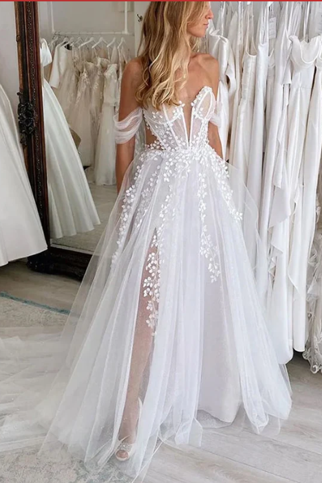 Sweetheart Off-Shoulder Tulle A-Line Sheer Beach Wedding Dress