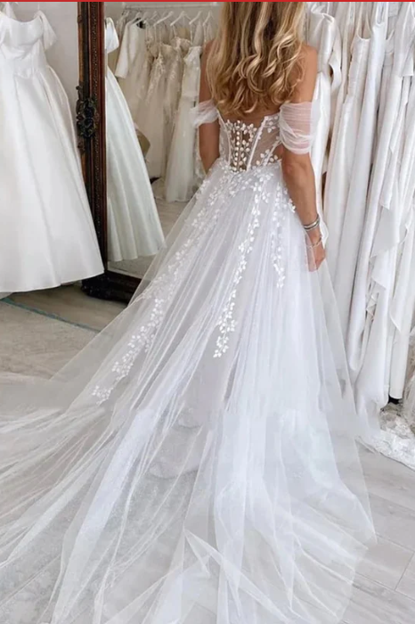 Sweetheart Off-Shoulder Tulle A-Line Sheer Beach Wedding Dress