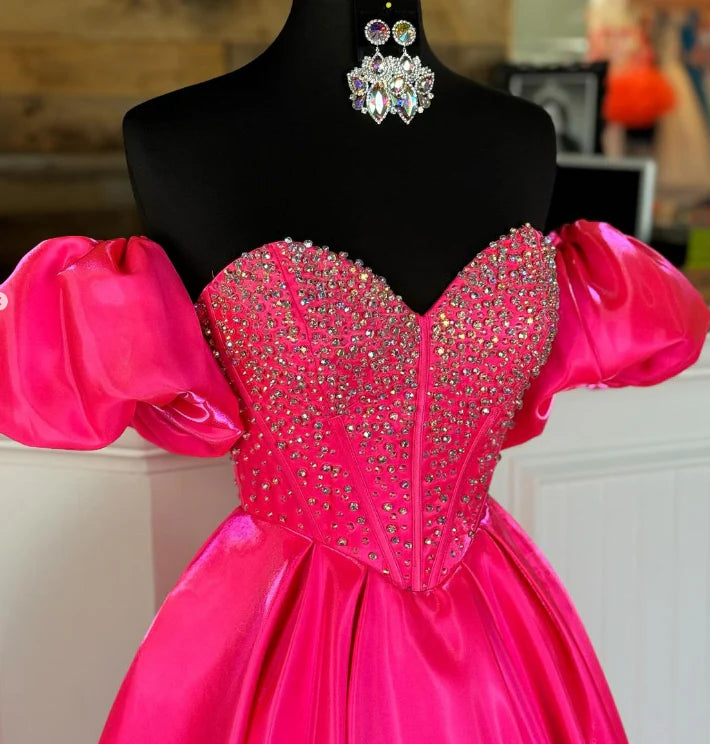 Sweetheart Short Sleeves Beaded A-Line Prom Party Dress