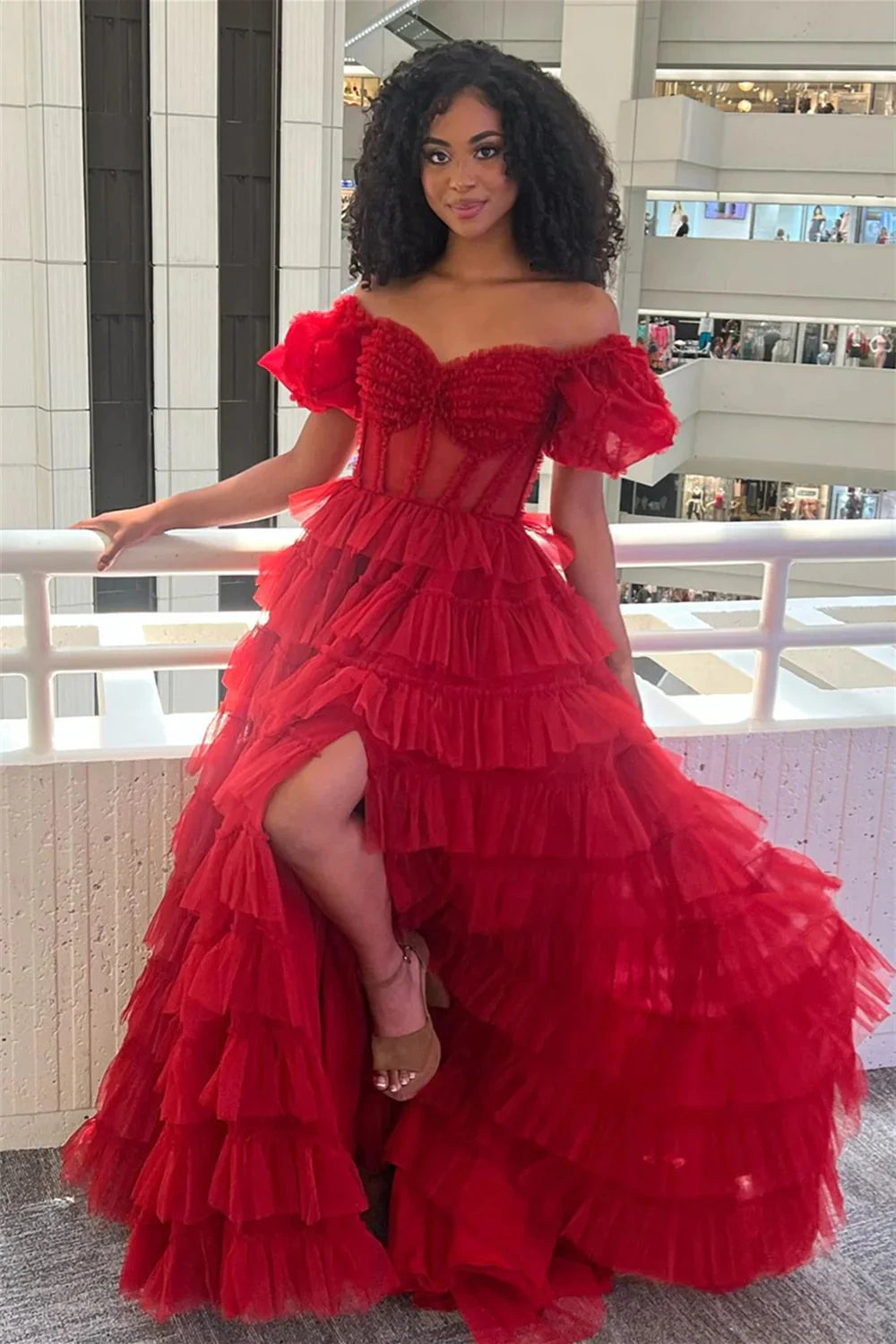 Sweetheart Short Sleeves Empire Tulle A-Line Tiered Party Prom Dress