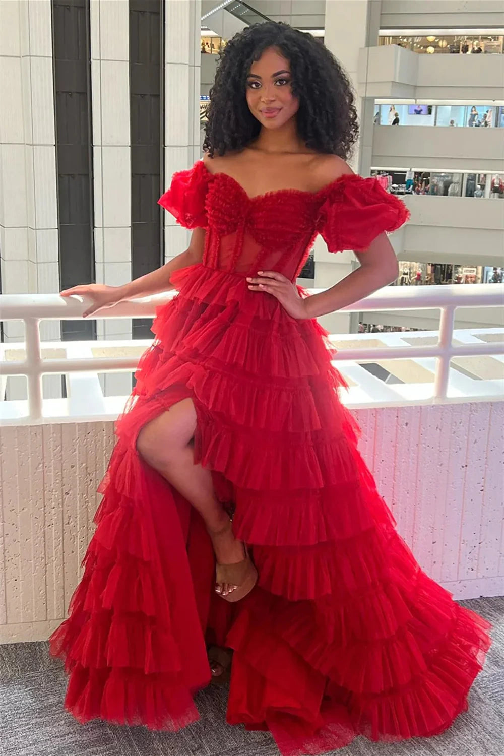 Sweetheart Short Sleeves Empire Tulle A-Line Tiered Party Prom Dress