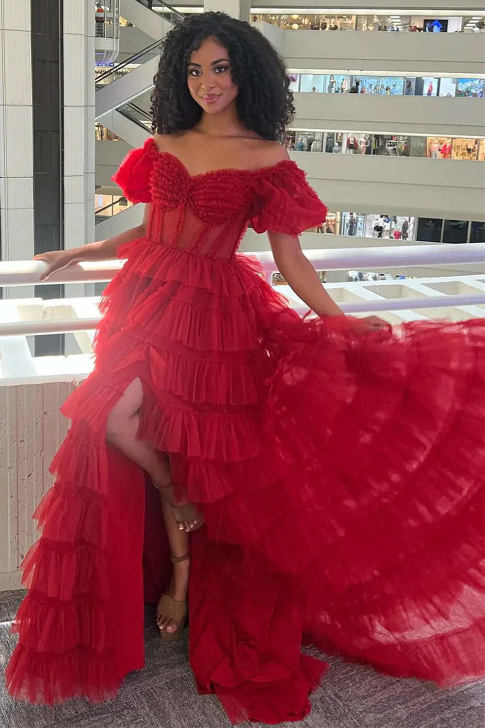 Sweetheart Short Sleeves Empire Tulle A-Line Tiered Party Prom Dress