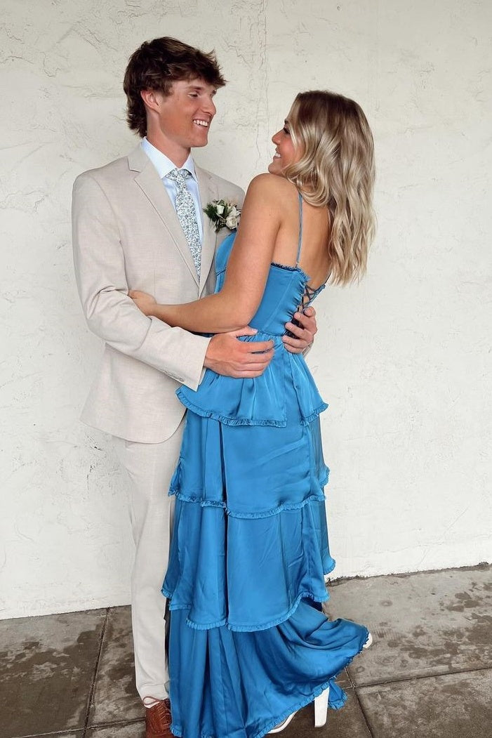 Sweetheart Sleeveless Satin A-Line Tiered Party Prom Dress