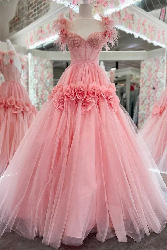 Sweetheart Sleeveless Tulle A-Line Florals Party Prom Dress