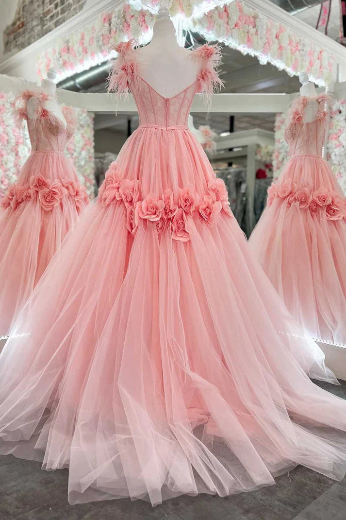 Sweetheart Sleeveless Tulle A-Line Florals Party Prom Dress