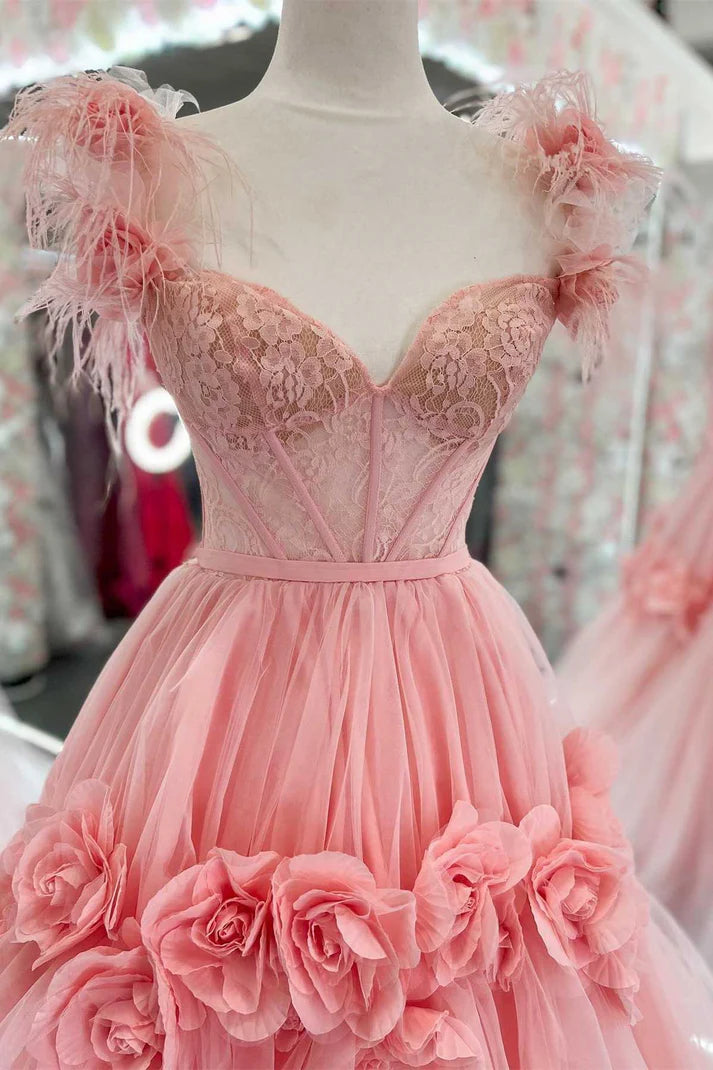 Sweetheart Sleeveless Tulle A-Line Florals Party Prom Dress