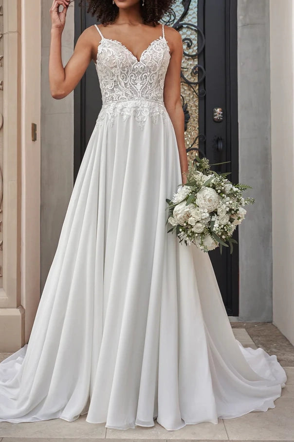 Sweetheart Spaghetti Straps A-Line Appliques Beach Wedding Dress