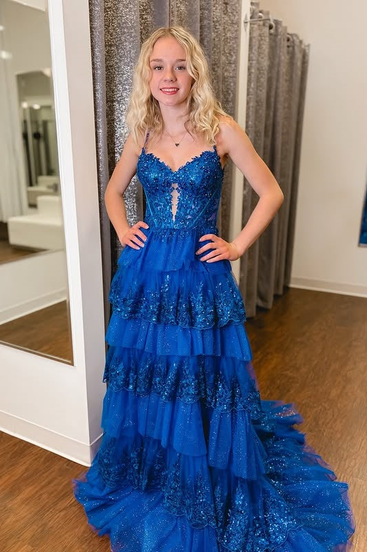 Sweetheart Spaghetti Straps A-Line Appliques Tiered Party Prom Dress