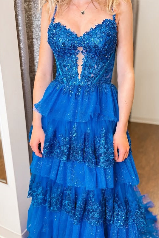 Sweetheart Spaghetti Straps A-Line Appliques Tiered Party Prom Dress