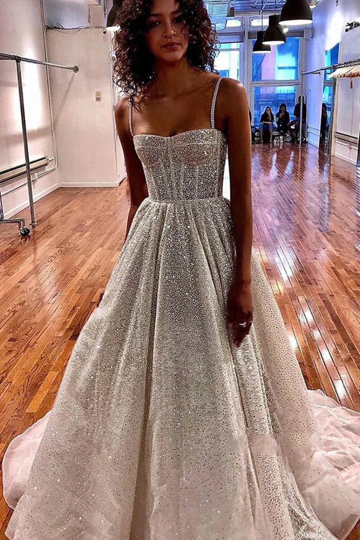 Sweetheart Spaghetti Straps Glitter Tulle A-Line Wedding Dress Movousdress Sweetheart Spaghetti Straps Glitter Tulle A-Line Wedding Dress Movousdress