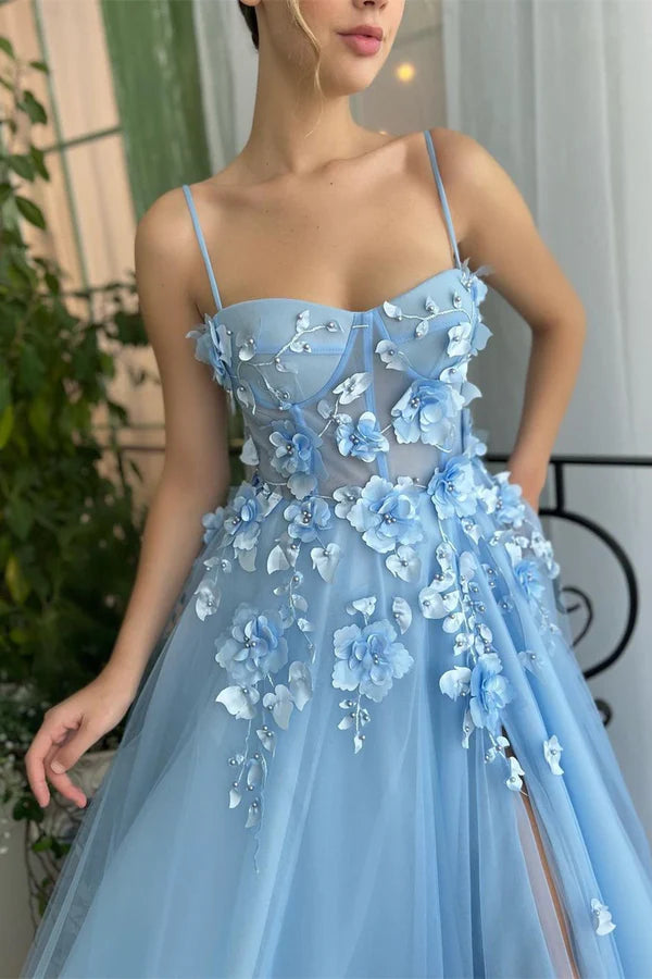 Sweetheart Spaghetti Straps Tulle A-Line 3D Floral Party Prom Dress