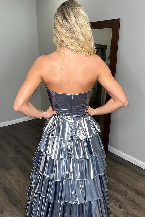 Sweetheart Strapless A-Line Empire Tiered Metallic Party Prom Dress