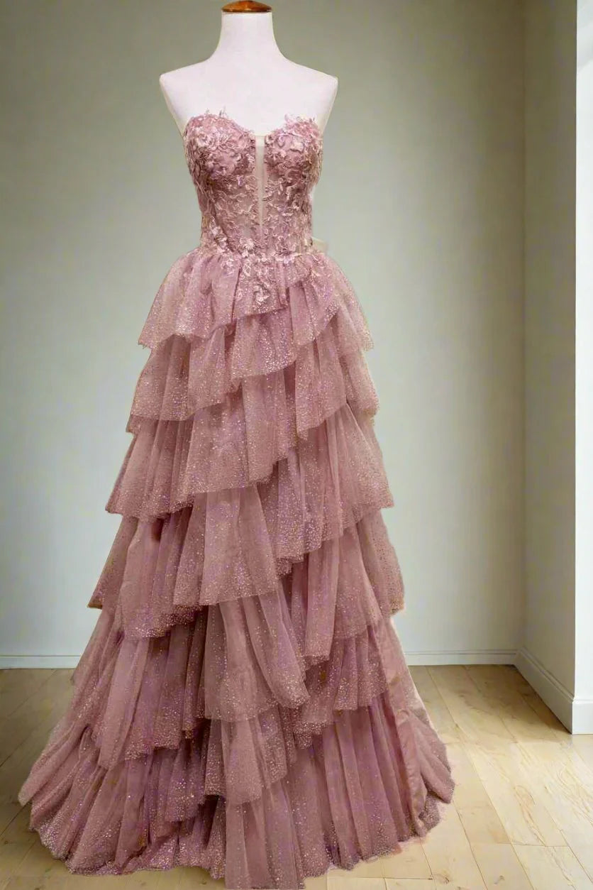 Sweetheart Strapless A-Line Tiered Appliques Party Prom Dress