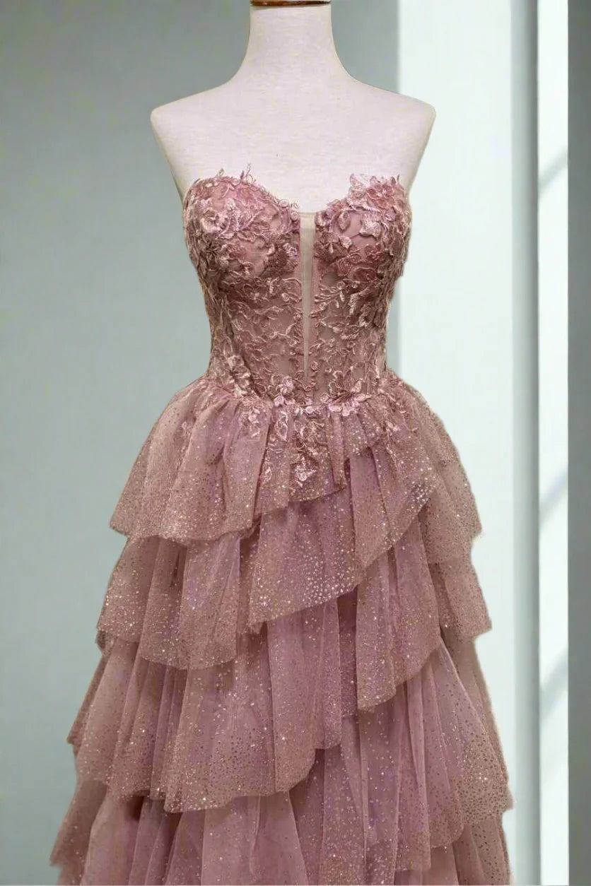 Sweetheart Strapless A-Line Tiered Appliques Party Prom Dress