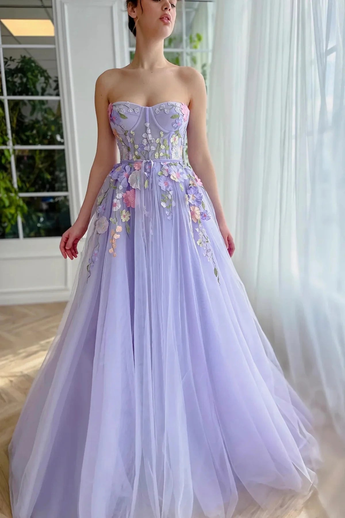 Sweetheart Strapless Empire Floral Appliques Tulle Party Prom Dress