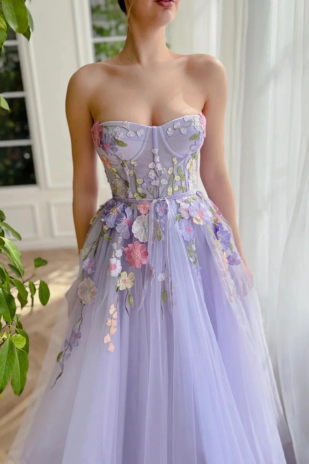 Sweetheart Strapless Empire Floral Appliques Tulle Party Prom Dress