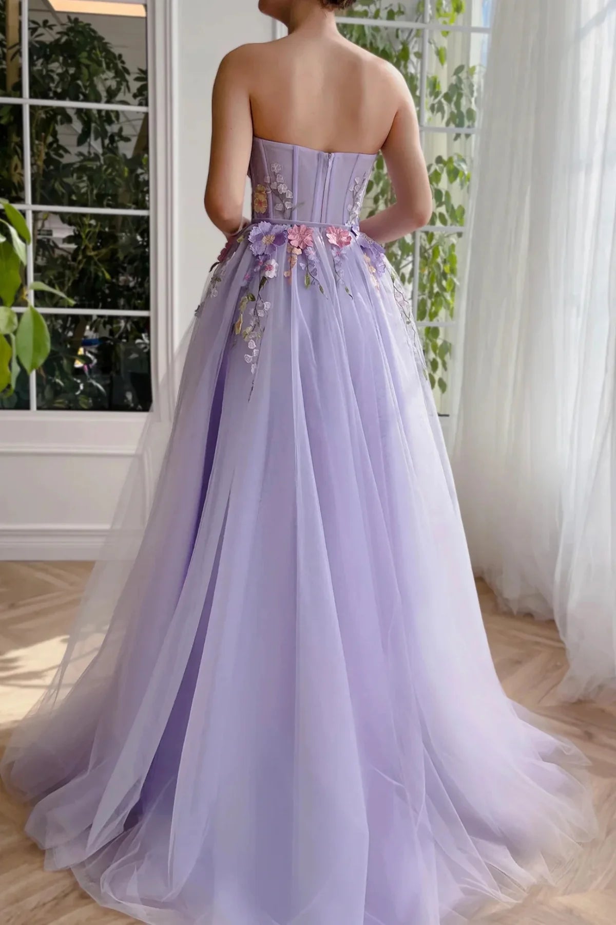 Sweetheart Strapless Empire Floral Appliques Tulle Party Prom Dress