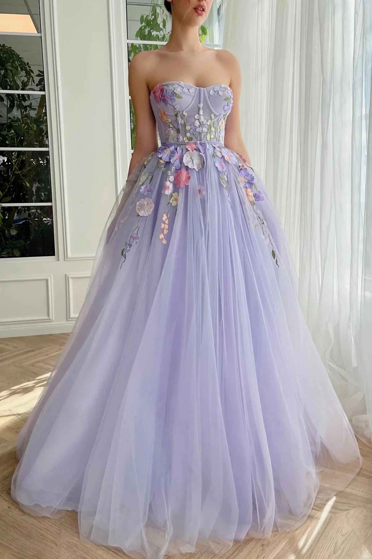 Sweetheart Strapless Empire Floral Appliques Tulle Party Prom Dress