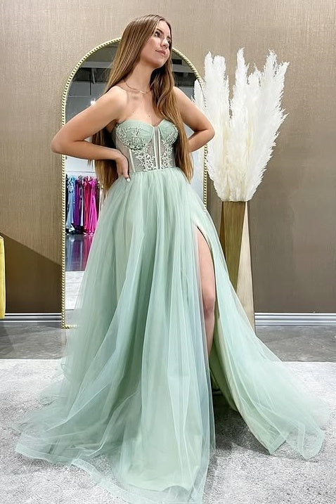 Sweetheart Strapless Empire Tulle A-Line Appliques Party Prom Dress