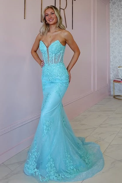 Sweetheart Strapless Lace Appliques Mermaid Party Prom Dress