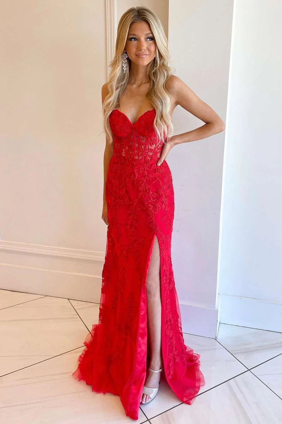Sweetheart Strapless Lace Mermaid Party Prom Dress With Slit