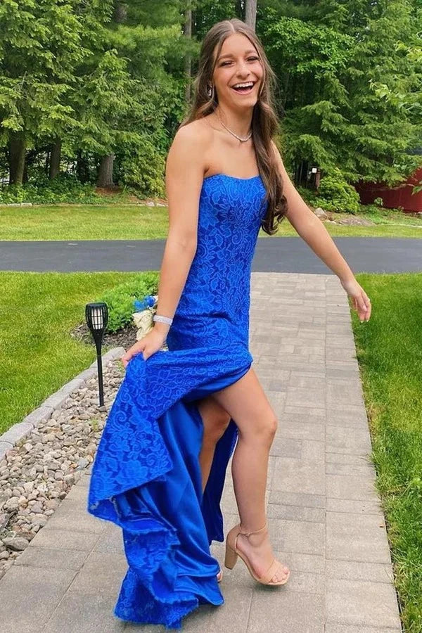Sweetheart Strapless Lace Mermaid Party Prom Dress With Slit