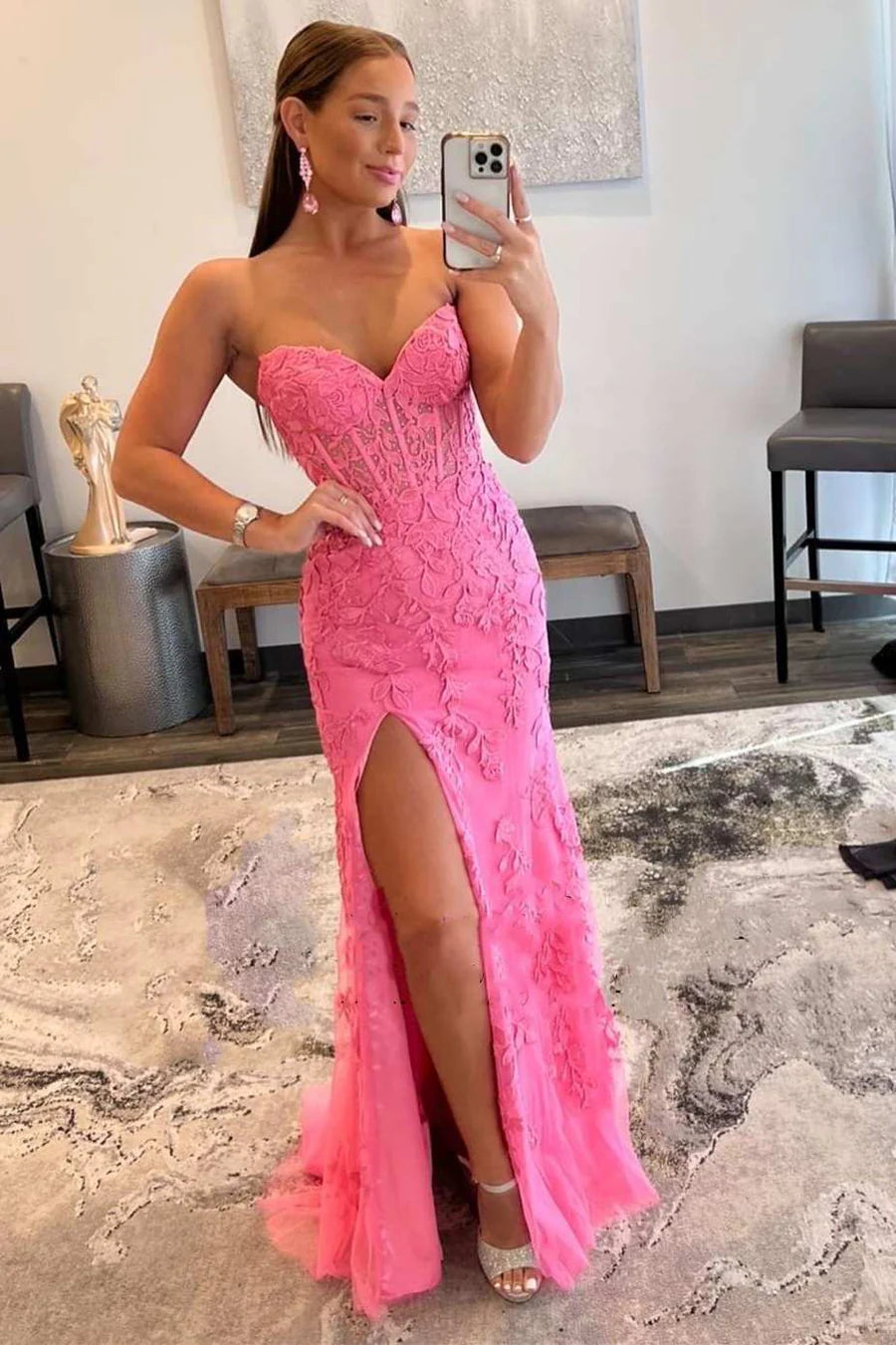 Sweetheart Strapless Lace Mermaid Party Prom Dress With Slit