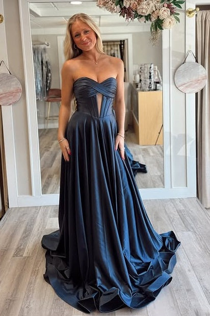 Sweetheart Strapless Satin A-Line Long Party Prom Dress