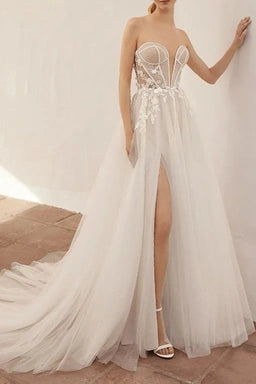 Sweetheart Strapless Sheer Tulle A-Line Beach Wedding Dress