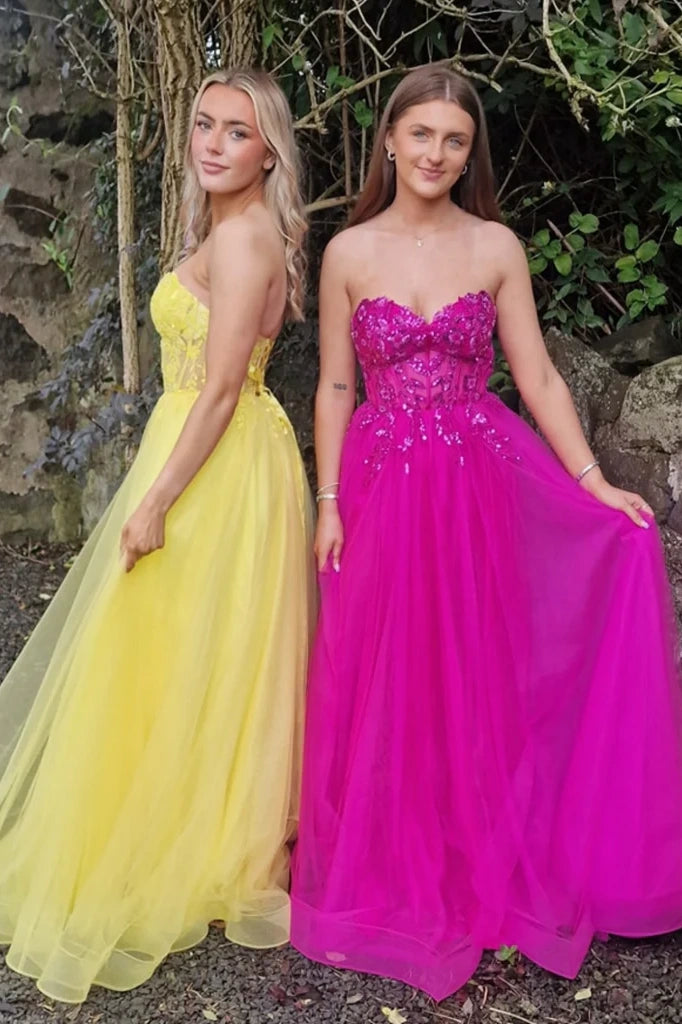 Sweetheart Strapless Tulle A-Line Appliques Party Prom Dress