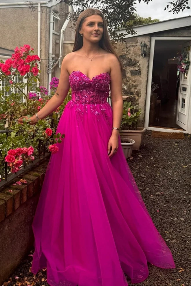 Sweetheart Strapless Tulle A-Line Appliques Party Prom Dress