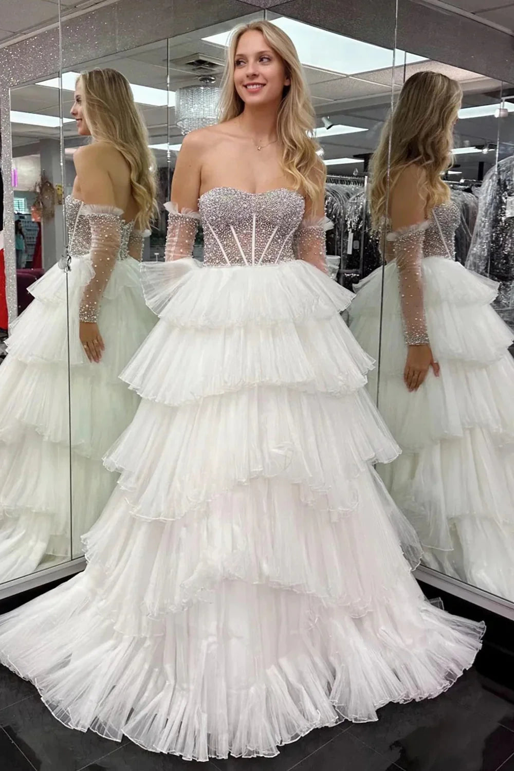 Sweetheart Strapless Tulle A-Line Pearls Tiered Party Prom Dress