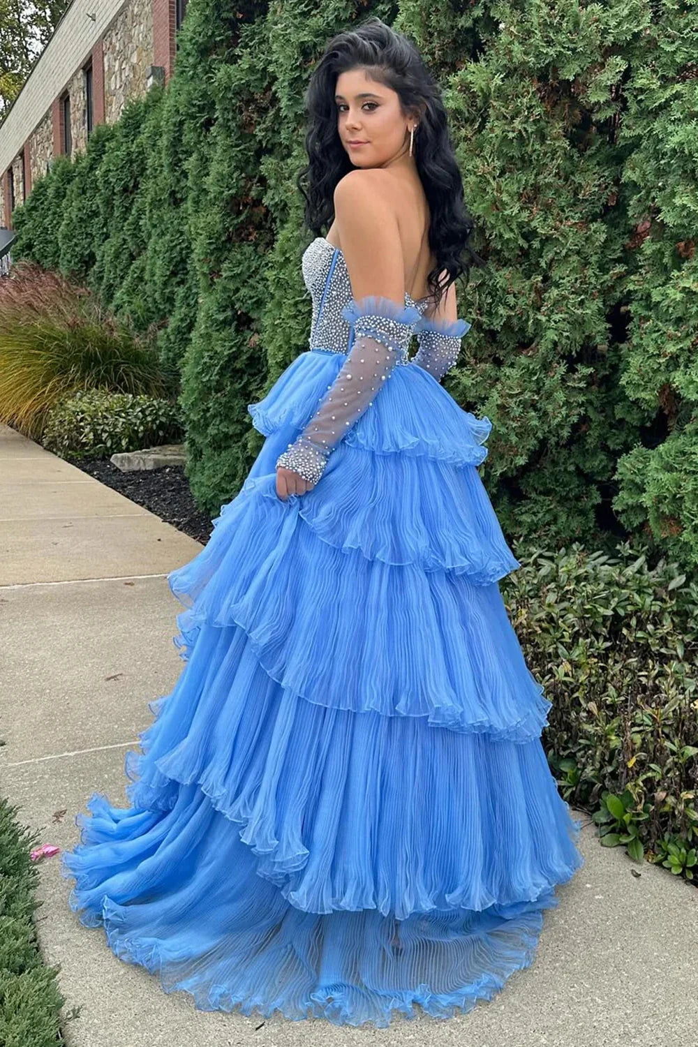 Sweetheart Strapless Tulle A-Line Pearls Tiered Party Prom Dress