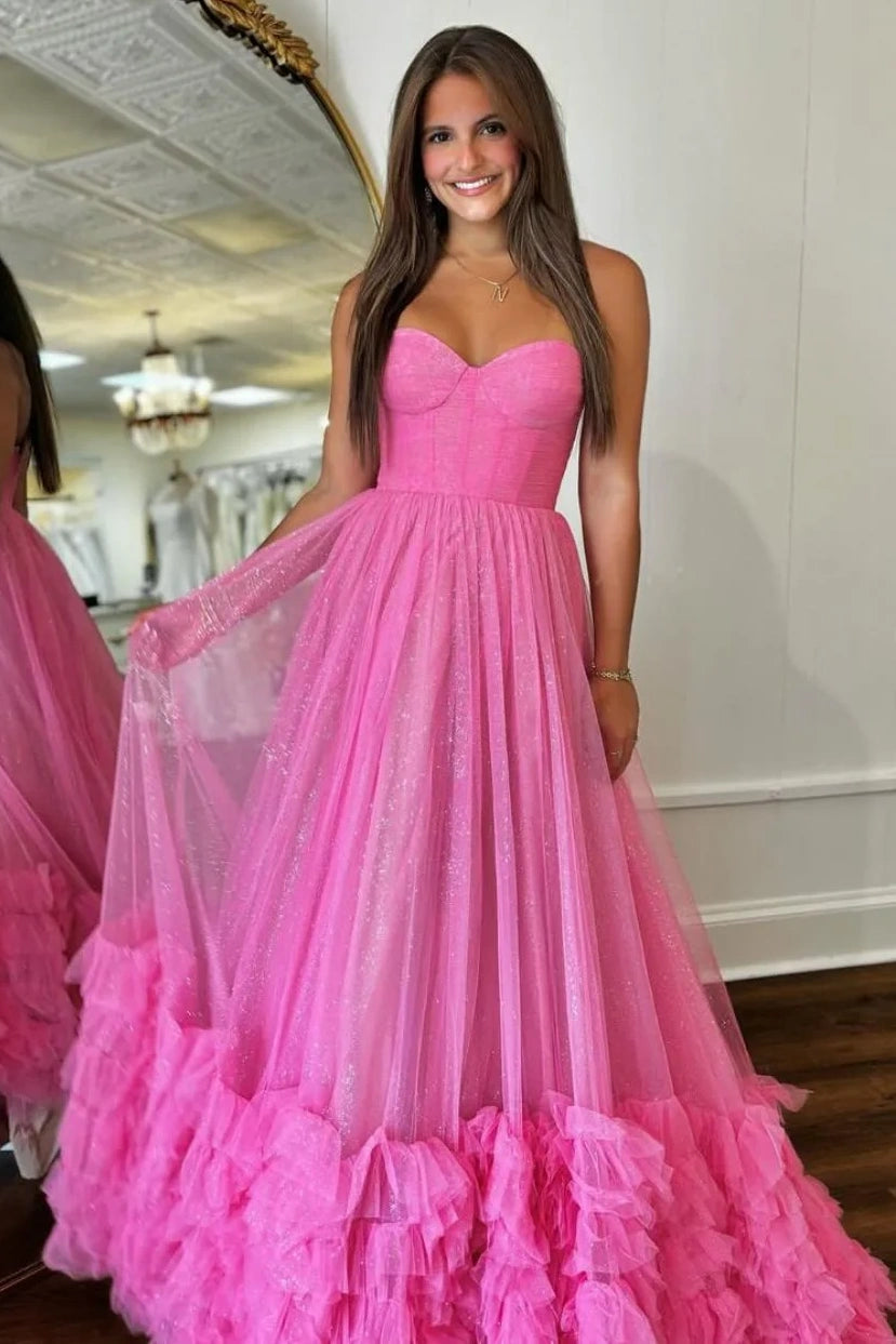 Sweetheart Tulle A-Line Sparkly Party Prom Dress