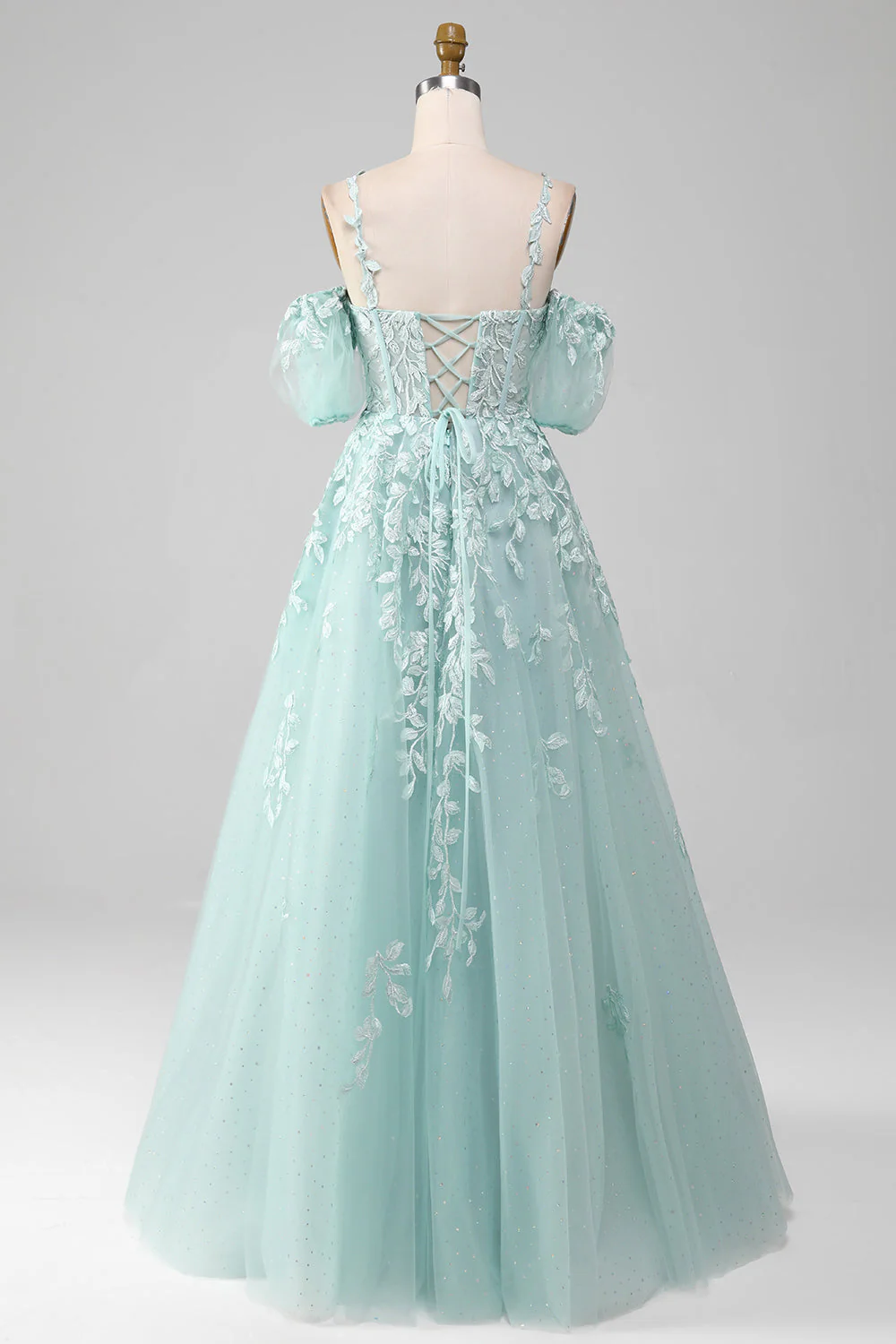 Glitter Tulle A-Line Off-Shoulder Empire Applique Long Prom Dress