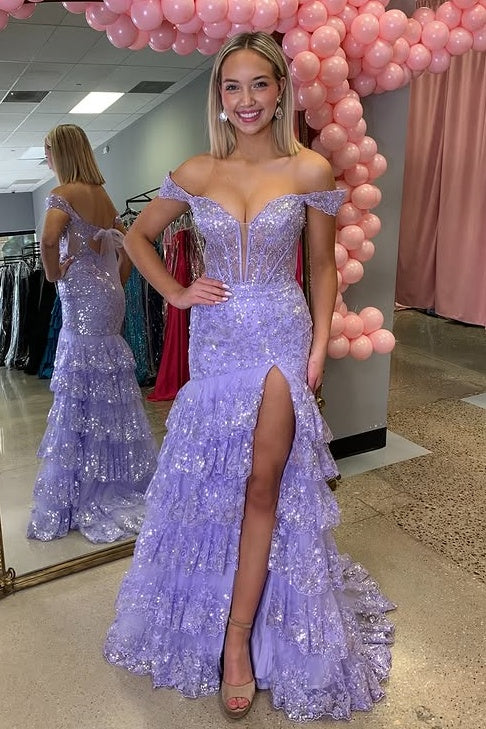 Tiered Lace Off-Shoulder Empire Mermaid Party Prom Dress With Train