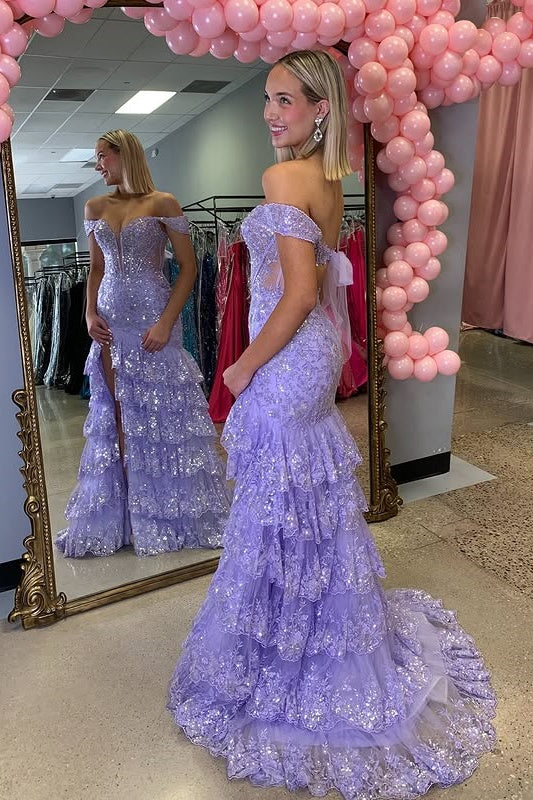 Tiered Lace Off-Shoulder Empire Mermaid Party Prom Dress With Train