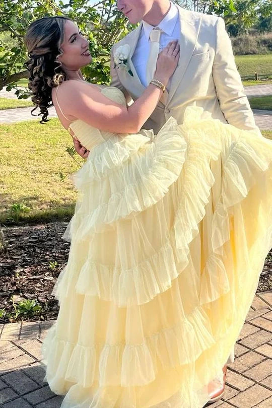 Tiered Tulle A-Line Spaghetti Straps Yellow Party Prom Dress