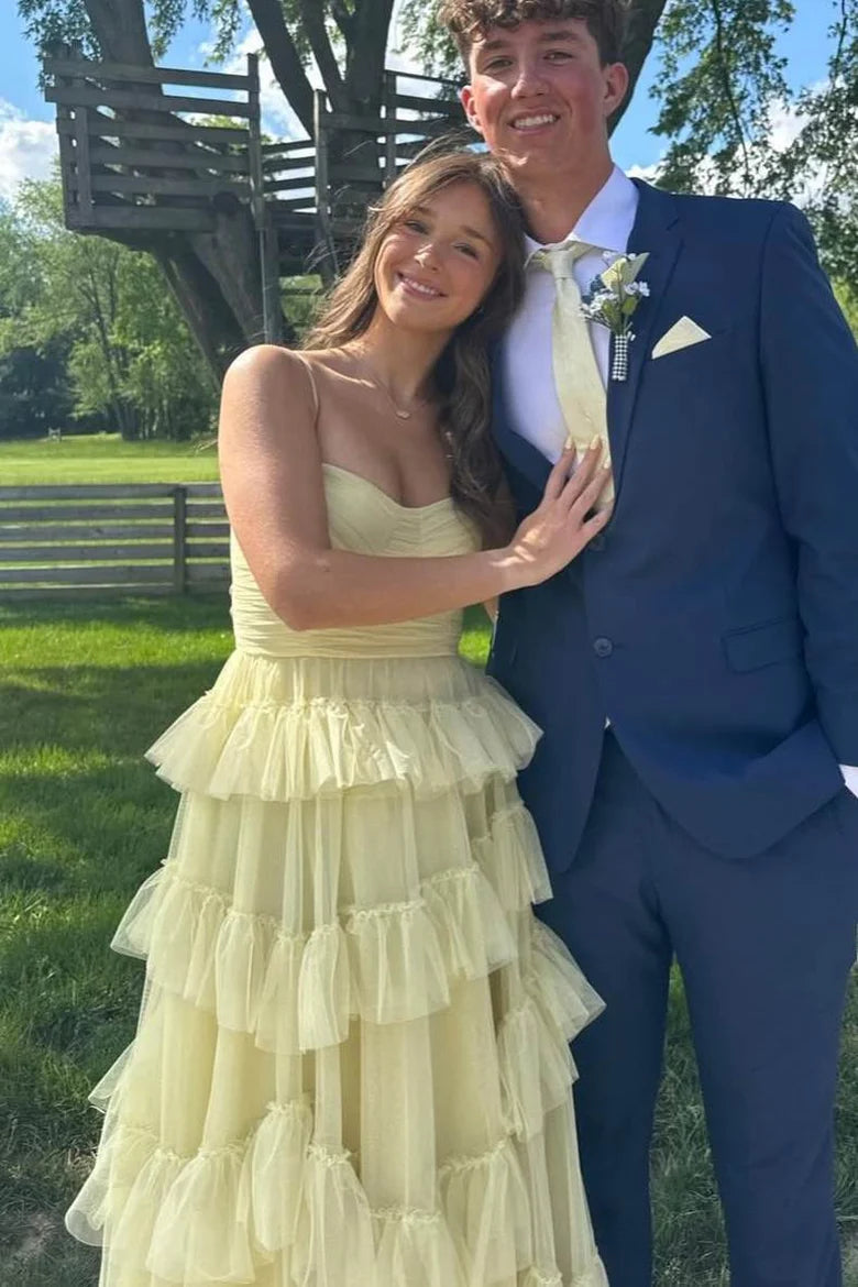 Tiered Tulle A-Line Spaghetti Straps Yellow Party Prom Dress