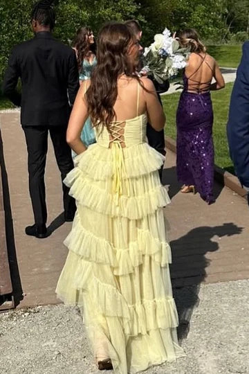 Tiered Tulle A-Line Spaghetti Straps Yellow Party Prom Dress