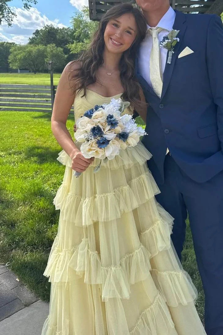 Tiered Tulle A-Line Spaghetti Straps Yellow Party Prom Dress