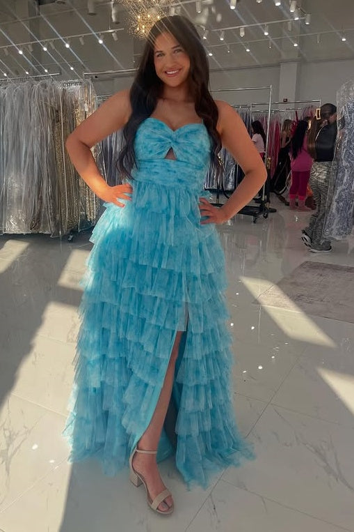 Tiered Tulle A-Line Strapless Party Prom Dress With Slit