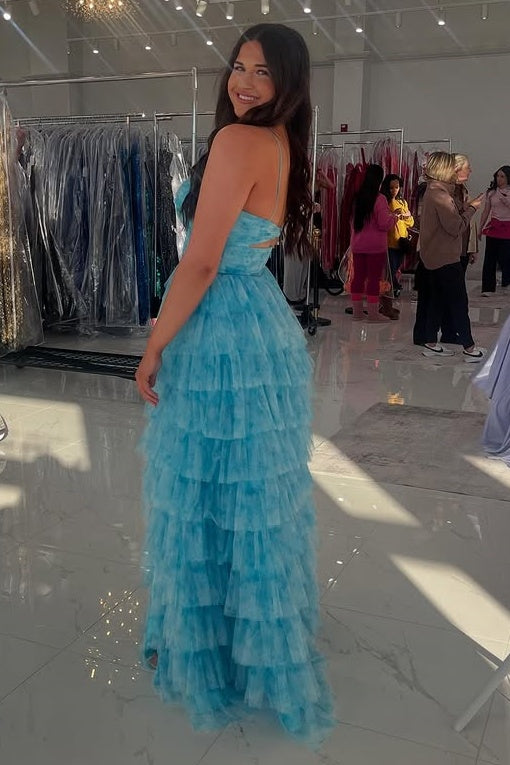 Tiered Tulle A-Line Strapless Party Prom Dress With Slit
